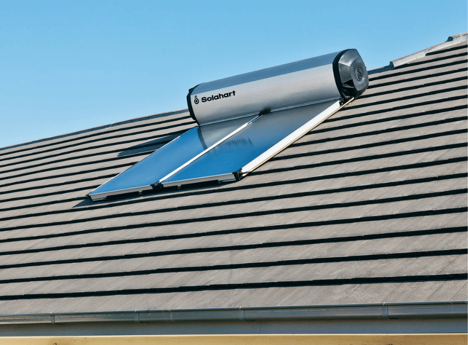 Solahart roof mounted hot water system heating water from free energy generated from the sun
